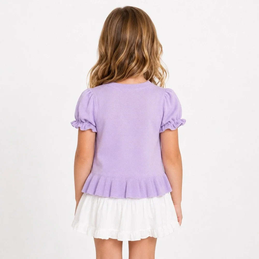 Janie and Jack Kitten‎ Peplum Sweater Top Girls Size 6 Purple Puff Sleeve Ruffle